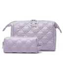 BOYATU Travel Makeup Bag Cosmetic Pouch: 2 Pcs Set Waterproof Vegan Leather Cosmetic Bags for Women - Cute Quilted Skincare Make up Toiletry Bag for Girl (03-Purple)