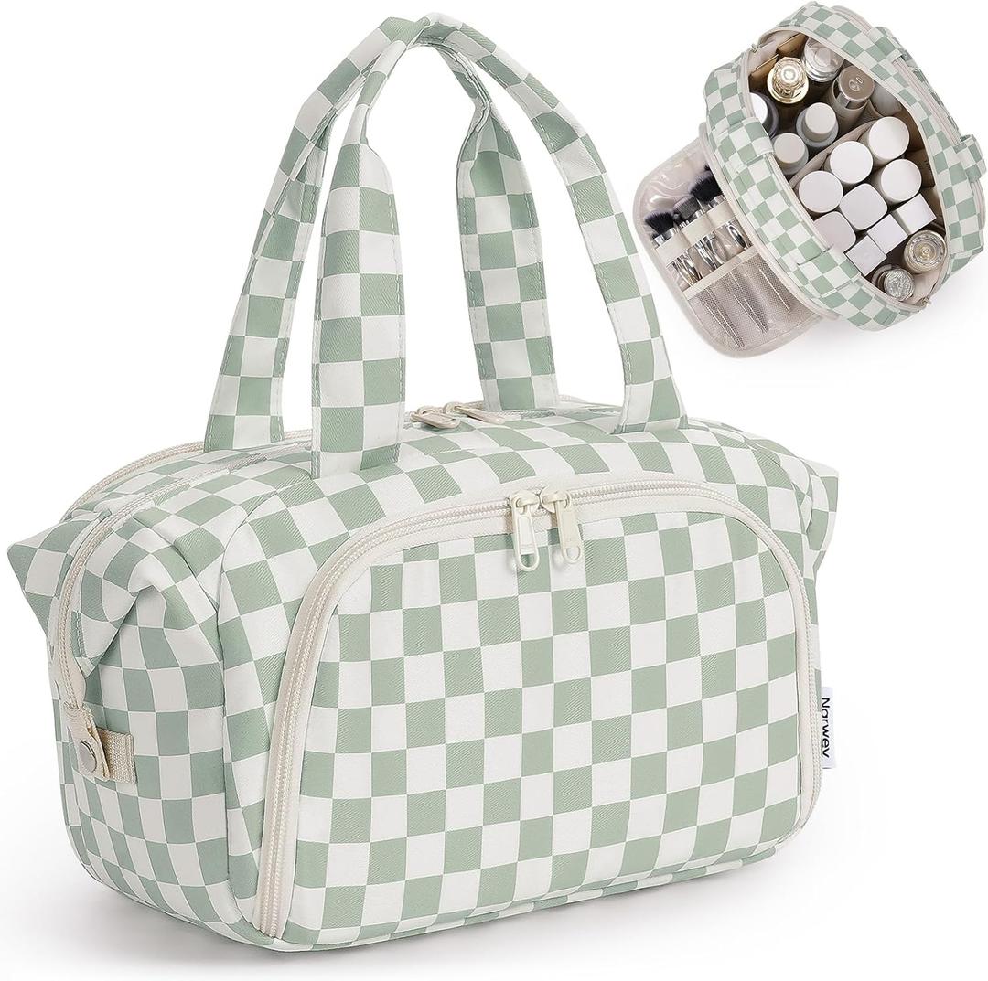 Narwey Travel Toiletry Bag for Women, Checkered Large Makeup Bag, Wide Open Cosmetic Make Up Organizer with Handle, Wet Pocket for Towel, Travel Bag for Toiletries, Brushes, Essentials (Green Checker)