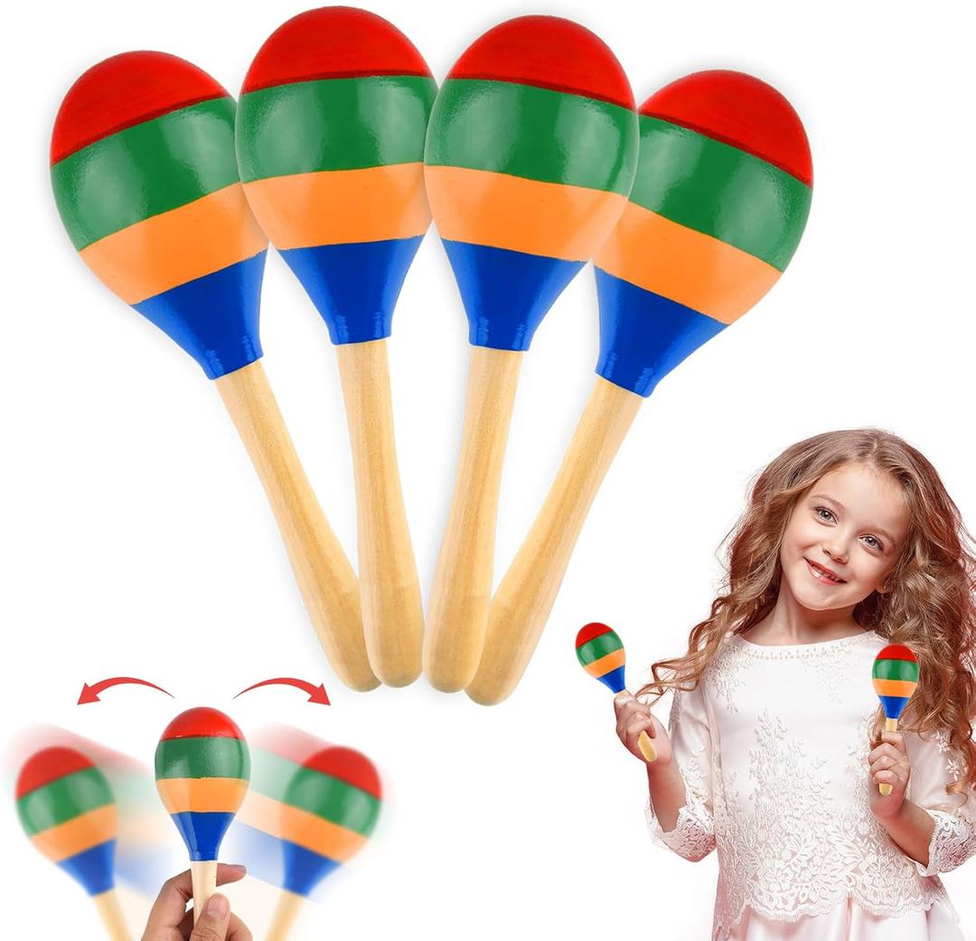 4 Pcs Maracas Hand Percussion Rattles, PLULON Colorful Wooden Maracas Rumba Shakers Rattle Latin Musical Instrument for Kids Adults Game Playing, Mexican Fiesta Cinco De Mayo Party Favors Supplies