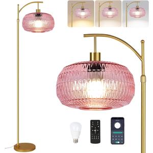 Pink Floor Lamp for Living Room,Bedroom,Gold Dimmable Standing Lamp with Remote,Mid Century Modern Brass Tall Lamp Boho Floor Lamps Arc Stained Glass Flower Floor Light Lamp Girls kids Bohemian