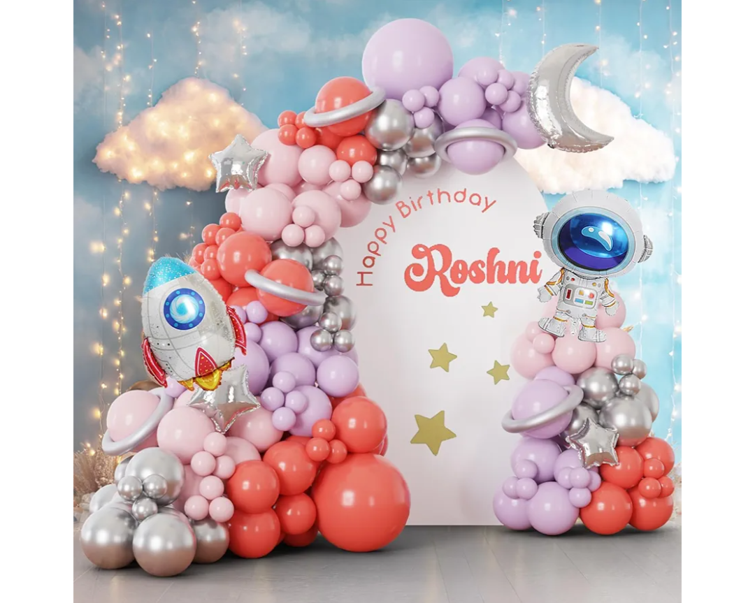 ECEAE 137Pcs Space Balloon Arch Garland Kit - Coral Red Pink Pastel Purple Silver Balloons with Rocket Astronaut Moon Star Balloons, for Two The Moon Baby Girl Birthday Party Decorations