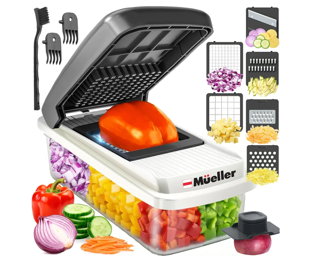 Mueller Vegetable Chopper Mandoline Slicer, Food Veggie Chopper, Cheese Grater, Onion Vegetable Cutter with Container, Dicer, Kitchen Gadgets & Essentials, White Sand/Grey