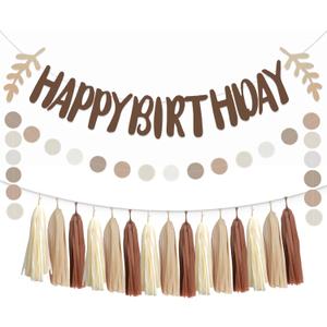 Brown Tan Beige Boho Happy Bithday Sign Banner Nude Neutral Party Tassel Garland Circle Dot Hanging Paper Streamers Backdrop Teddy Bear 1st 2nd Birthday Party Nursery Dcor