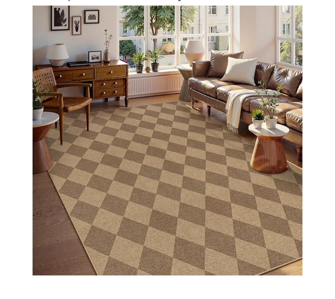 Lahome Checkered Easy Jute Rug 43*35*25cm, Washable Rugs for Living Room Dining Room Farmhouse Indoor Outdoor Mat, Neutral Checkerboard Non Slip Black Carpet for Office Backyard Patio
