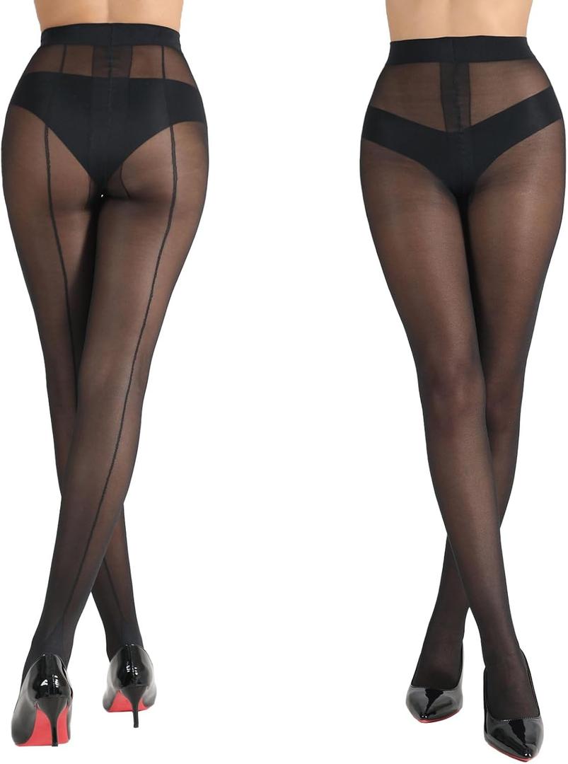 HONENNA Backseam Sheer Tights for Women T Crotch High Waist Black Pantyhose 20D Control Top Black Stockings (Medium)