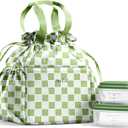 Fit & Fresh Cromwell Drawstring Lunch Bag for Women, Complete Lunch Set with 2 Containers, Stain-Resistant, Leak-Resistant, Back to School Essential, Teacher Lunchbox, Pistachio Checker Board (Green)