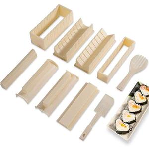 Sushi Making Kit Deluxe Edition with Complete Sushi Set 10 Pieces Plastic Sushi Maker Tool Complete with 8 Sushi Rice Roll Mold Shapes Fork Spatula DIY Home Sushi Tool (Off-white)