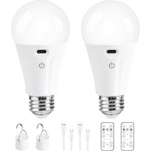 Powfloven Rechargeable Light Bulbs with Remote Control and USB Charging; Dimmable Battery Operated Light Bulb with 3 Colors and 4 Timer; A19 Wireless Light Bulbs for Wall Sconce Not-Hardwired, 2 Pack