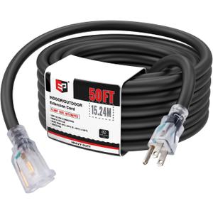 EP 50 Ft Lighted Outdoor Extension Cord - 10/3 SJTW Heavy Duty Black Extension Cable with 3 Prong Grounded Plug for Safety, UL Listed