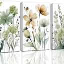 3Pcs Sage Green Botanical Canvas Wall Art Minimalist Flower Boho Floral Painting Picture Wall Decor Posters Prints Artwork For Living Room Bedroom Office Kitchen Home Decoration, 16L"x24W"