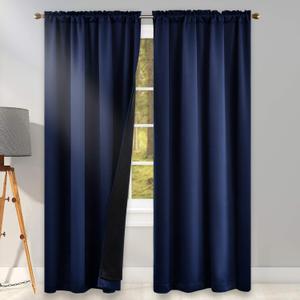 KEQIAOSUOCAI 100 Blackout Navy Blue Curtains for Bedroom 84 Inches Long - Thermal Insulated Rod Pocket Curtains for Living Room-Noise Reduce & Energy Saving Double Layer Curtains 2 Panel