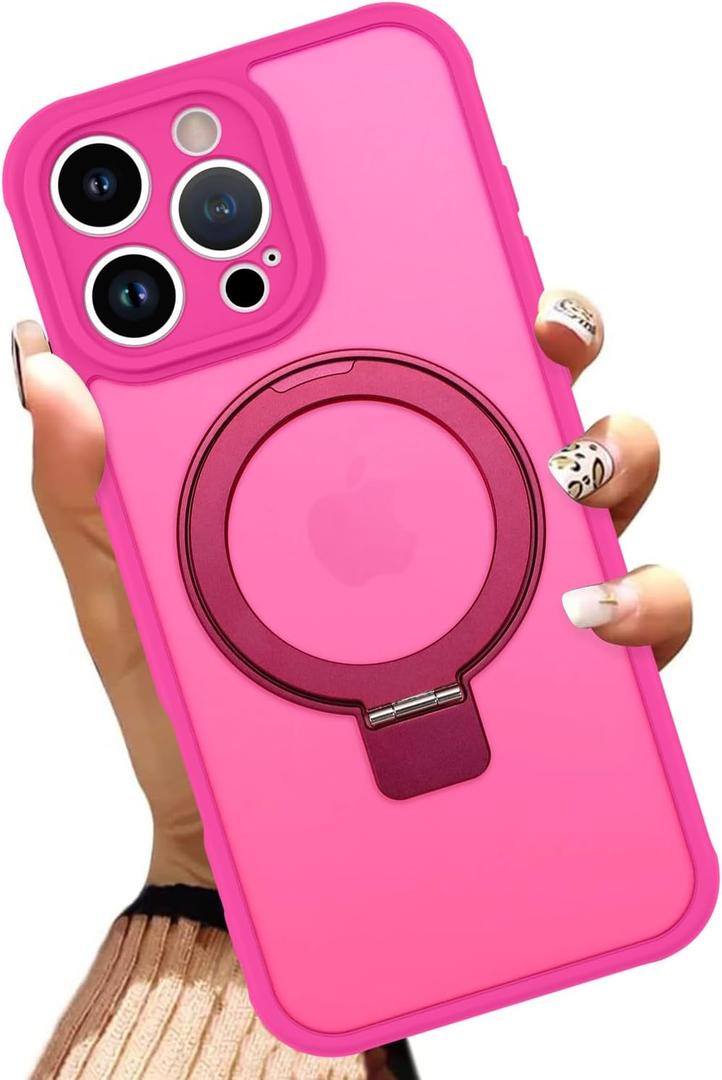 AIGOMARA Phone Case for iPhone 16 Pro Max [Compatible with MagSafe] Hot Pink Magnetic Kickstand Case with Screen Protector Soft TPU + Hard PC Shockproof Anti-Scratch Cover for Women Men