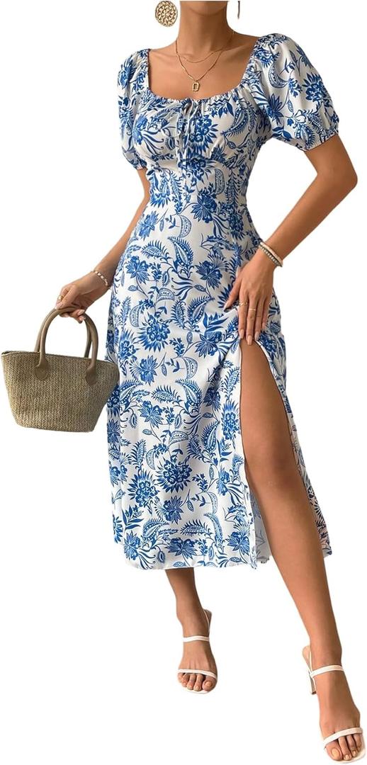 Floerns Women's Off Shoulder Floral Milkmaid Dress Puff Sleeve Slit Midi Dresses Blue and White Large Floerns Women's Off Shoulder Floral Milkmaid Dress Puff Sleeve Slit Midi Dresses Blue and White Large