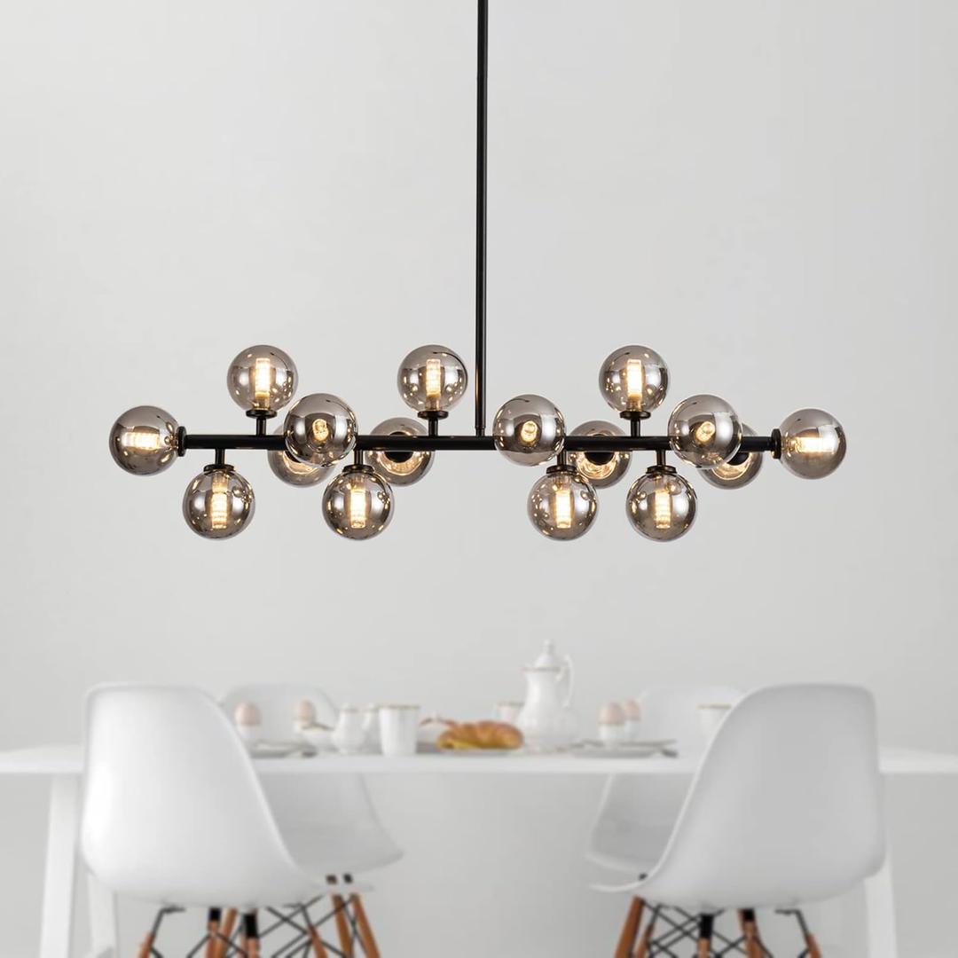 APLampar Mid Century Modern Chandelier 16-Light Linear Bubble Chandelier Black Pendant Lighting Fixture with Smoke Gray Glass for Dining Room Kitchen Island (39.4)