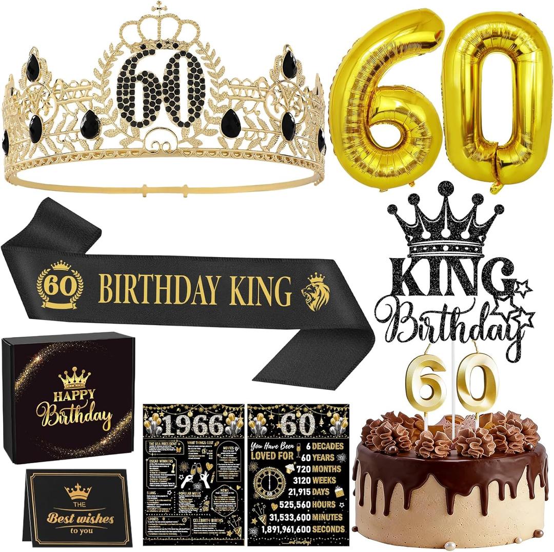 60th Birthday Decorations for Men - King Black Gold Party Decor Supplies Sash Crown Balloons Cake Topper Candles Gifts for Husband Dad, Happy 60 Year Old Back in 1966 Cheers Anniversary Sign