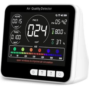 BIBIRE 14-in-1 Air Quality Monitor Indoor with Beep Alarm, 6 AQI Air Detector with PM1.0|PM2.5|PM10|HCHO|TVOC|AQI|Temperature|Humidity|Time for Home, Hotel, Office, Car, Battery Powered