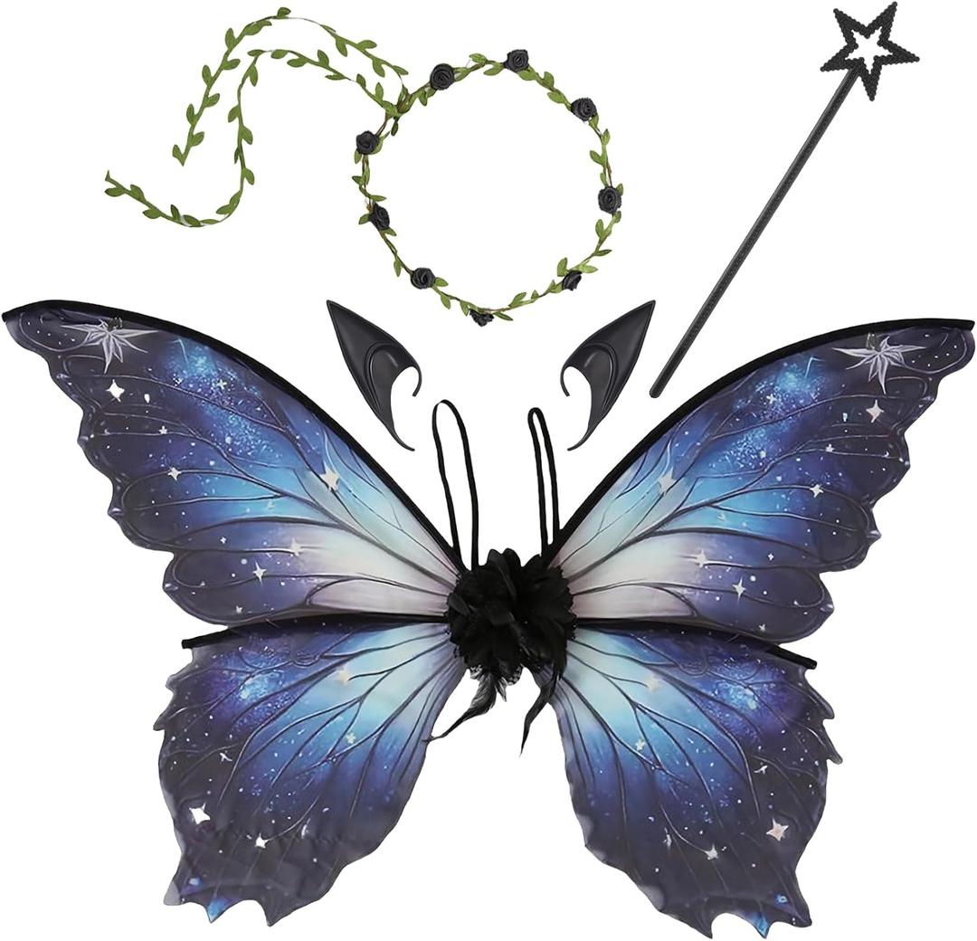 Snycler Fairy Wings for Adults and Girls, Fairy Costume Set with Floral Garland, Hair Tinsel, Wand & Elf Ears Butterfly Wings (Black)
