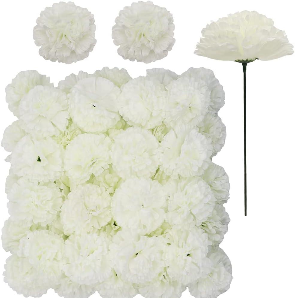 50 Pack Artificial Silk Carnation Picks Artificial Flowers Carnation Heads with Stems for DIY Flower Wall Wedding Bouquets Centerpieces Arrangements Decorations (Ivory White)