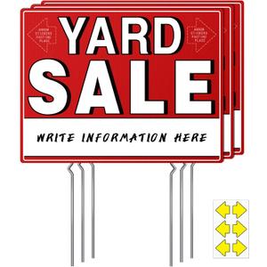 Yard Sale Signs, 3 Pcs Garage Signs with Metal Stakes, 17" x 13", Double Sided Yard Sale Kit with Directional Arrows Stickers, Garage Sale Supplies, Weatherproof, Red