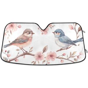 Car Windshield Sunshade Foldable Flowers and Two Birds Sun Visor Protect UV Rays for Most Sedans SUV Trucks Lowers Cabin Temperature, Keeps The Interior of The Car Cool 53 x 23.5 Inch