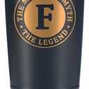 the Man the Myth the Legend Mug with Initials, Monogrammed Stainless Steel Travel Tumbler for Men, Funny Personalized Coffee Cup, Custom Beer Glass, Unique Birthday Christmas Gifts for Him, 20 oz, F