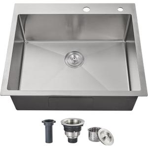 ROVOGO 25x22x8.7 in. Drop-in Kitchen Sink Single Bowl with Rear Drain, 18 Gauge Stainless Steel Handmade Top Mount Sink with 2-Hole, Brushed