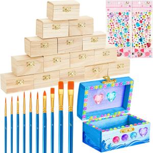 Leinuosen 15 Pcs Small Wooden Boxes with Hinged Lids 3.5 x 2.2 x 1.9 Inch Unfinished Wooden Treasure Chest Box 10 Pcs Paint Brushes with 2 Sheets Craft Gems Self Adhesive Rhinestones Stickers