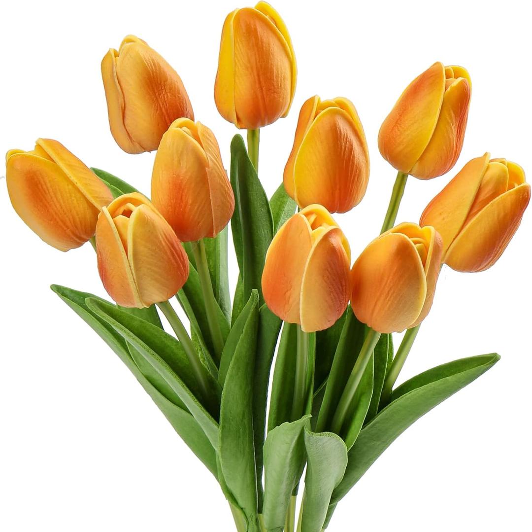 10 Pcs Orange Tulips Artificial Flowers Real Touch Fake Tulips Fake Flowers for Mother's Day 13.5" Faux Tulips Faux Flowers Bulk Artificial Tulips Flowers for Vase Centerpieces Home Wedding Bouquet