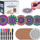 Hula Home Color Your Own Coaster Mandalas w/Markers | 8 Absorbent Ceramic Tiles w/Cork Base | Gift Arts and Crafts DIY Kit for Adults, Hobby, Teens, Seniors, Women, Elderly