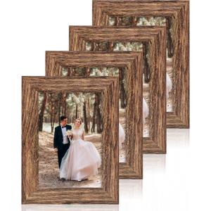 4 x iRahmen 4x6 Picture Frame Set of 4, High Definition Glass Brown Frame, 4 x 6 Wood Rustic Photo Frames for Horizontal or Vertical Display Tabletop and Wall Mounting