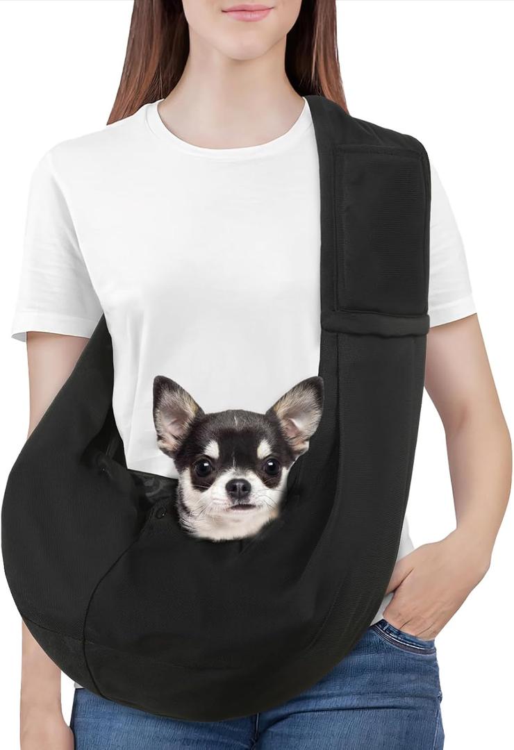 Pawaboo Small Dog Sling Carrier, Reversible Hands Free Dog Sling Carriers for Small Dogs and Cats, Puppy Slings Carrier with Safety Harness, Puppy Essentials, Black (Black - 2025 Updated - Up to 12lbs)