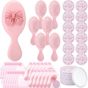 Wonderjune 24 Set Coquette Bow Party Favor Compact Mirror Pink Mini Hair Brush Organza Bag Inspirational Aesthetic Preppy Gift for Women Birthday Bridal Shower Bachelorette Wedding Party Gift
