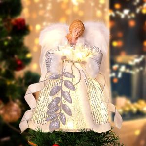 Christmas Angel Tree Topper with Light, Angel Treetop with Timer, Christmas Tree Ornament Decorations for Indoor, Office and Home Holiday Xmas New Year Tree Decoration (Sliver Angel)