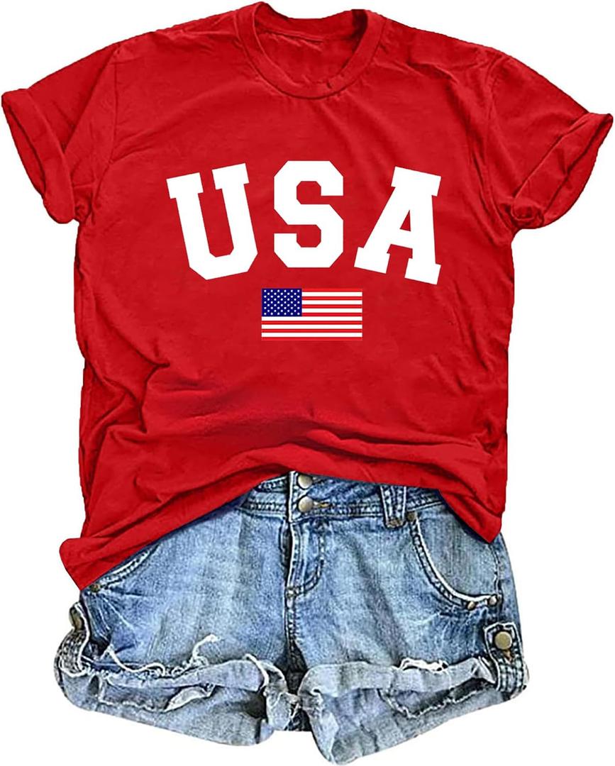 American Flag Shirts for Women: USA Flag Graphic Tee 4th July T Shirt Blouse Tops (XL)