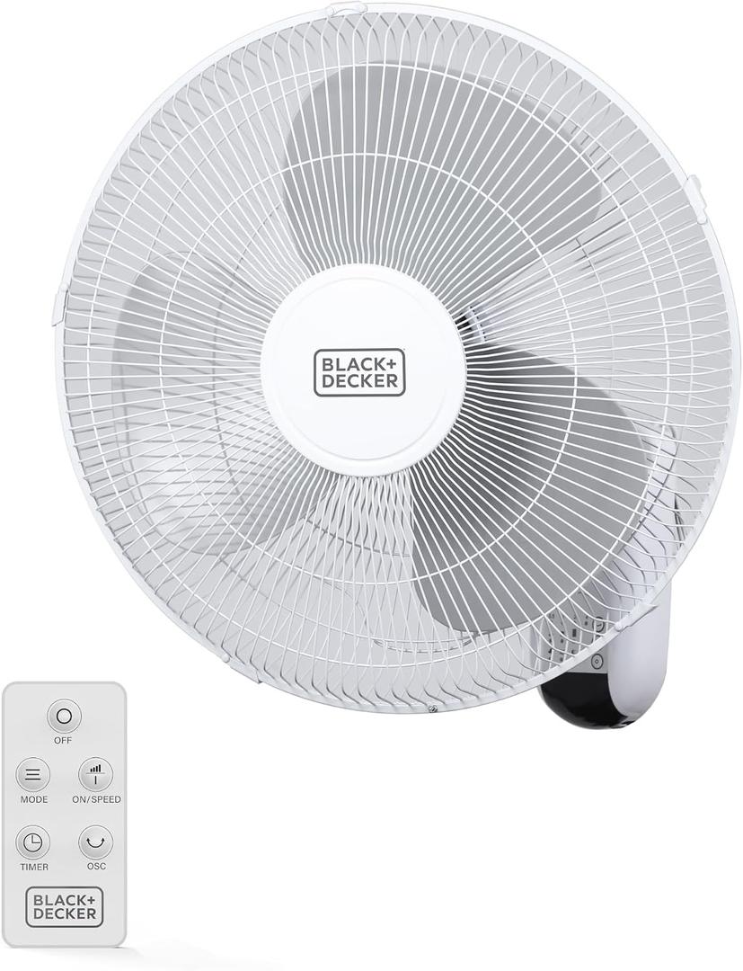 BLACK+DECKER 16" Wall Mount Fan With Remote Control, Oscillating With 3 Speed Settings and Shut Off Timer, Adjustable Tilt Angle, White