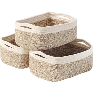 ICERZCZ Small Baskets for Organizing, Decorative Storage Baskets for Shelves, Storage Bins, Woven Baskets for Storage, Mini Basket for Nursery, 13"×8.5"×5.1" (3 Packs) Off White & Brown