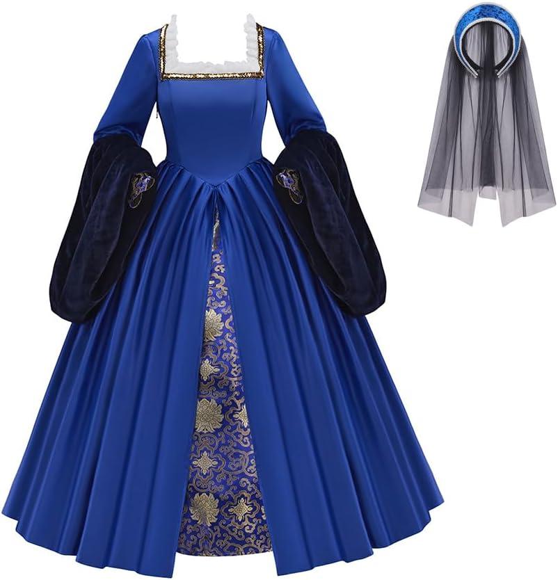 Tudor Period Anne Boleyn Costume Dress Women Renaissance Tudor Princess Queen Elizabethan Costume Ball Gown (Small, Blue)