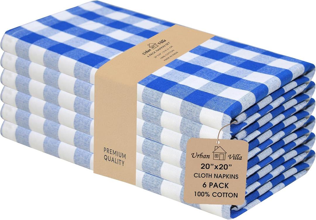 Urban Villa Cloth Napkins 100% Cotton Highly Absorbent Washable Durable Reusable Premium Dinner Napkins Ideal for Gifts for Mothers Day Hotel Farmhouse Parties - Blue/White (20" x 20", Set of 6)