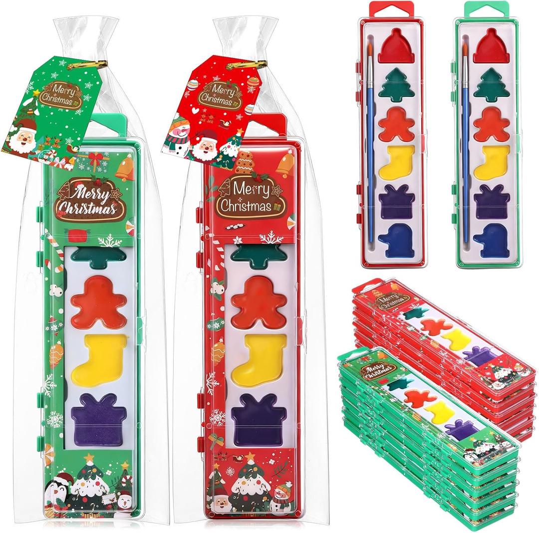 12 Pack Merry Christmas Watercolor Paint Set Bulk 6 Colors Washable Christmas Water Color Paint with Paintbrush Gift Card for Xmas Holiday Exchange Gifts Party Favors Prizes