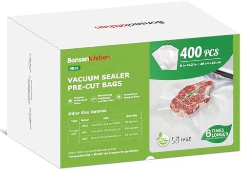 Bonsenkitchen Vacuum Sealer Bags,400 Quart 8" x 12" Precut Food Sealer Bags, Commercial Grade, BPA Free, Heavy Duty, Customized Size Vacuum Bags for Vac Storage, Meal Prep or Sous Vide Cooking, VB14