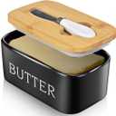 Butter Dish with Lid: Large Butter Dish for Countertop - Ceramic Butter Keeper Container with Knife and High Quality - Silicone Sealing Butter Box for Home Decor Good Kitchen Gift Black
