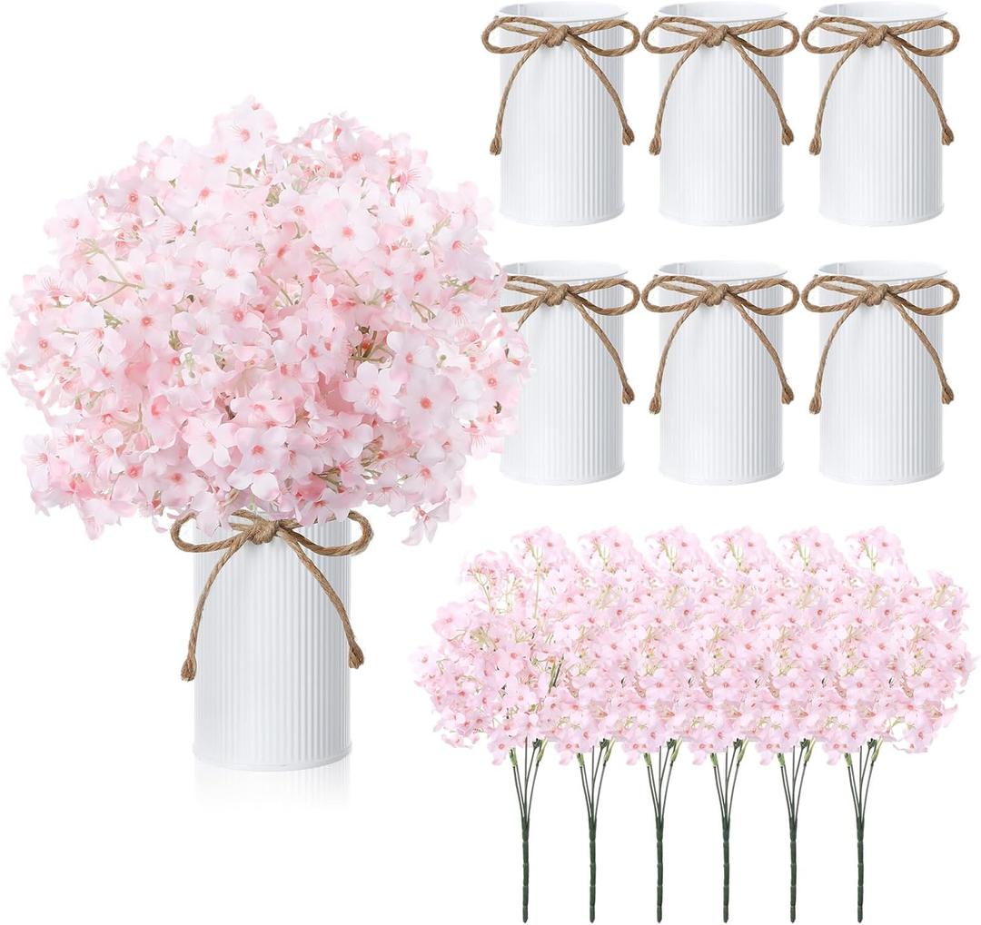 6 Set Artificial Cherry Blossom Branches with 6 Set White Metal Vases 14.17 Inches Pink Cherry Blossom Stems Faux Silk Flowers Decorative Branches for Vase Spring Summer Home Decor Indoor