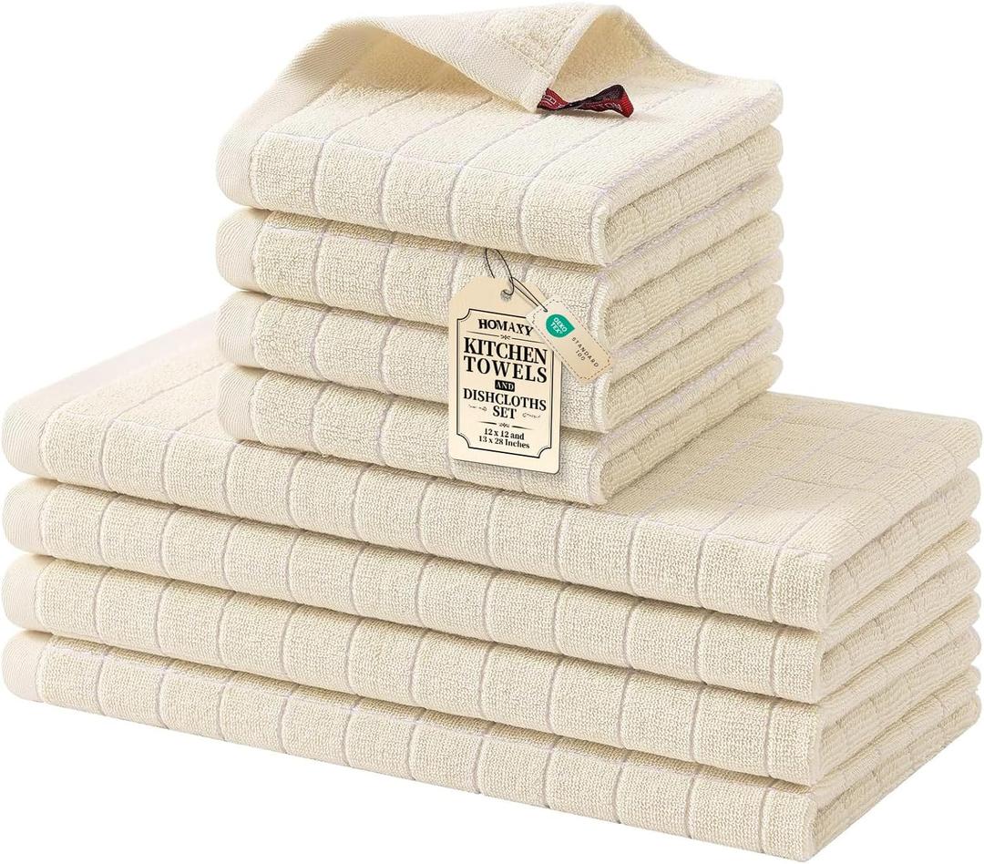Homaxy Kitchen Towels and Dishcloths Set, 12 x 12 and 13 x 28 Inches, Set of 8 Bulk Cotton Terry Kitchen Towels Set, Checkered Designed, Soft and Super Absorbent Dish Cloths, Beige