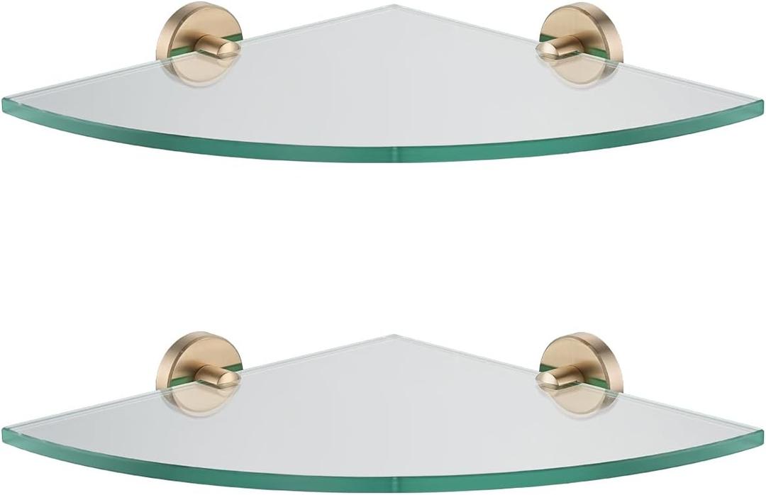 JQK Corner Glass Shelf, Champagne Bronze Bathroom 304 Stainless Steel Shower Triangle Floating Wall Shelf, 10 x 10 Tempered Glass, 2 Pack, TGS190L10-CB-P2