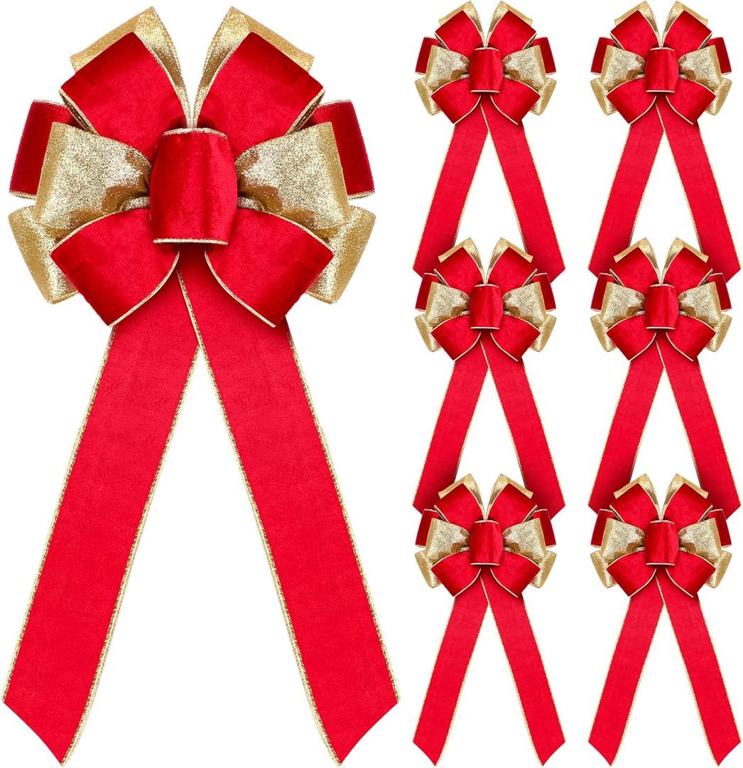 6 Pcs Large Christmas Bows, 10" x 20" Velvet Glitter Christmas Bow for Wreath Tree Topper Ornament Bow for Xmas Home Indoor Outdoor Front Door(Red, Gold)