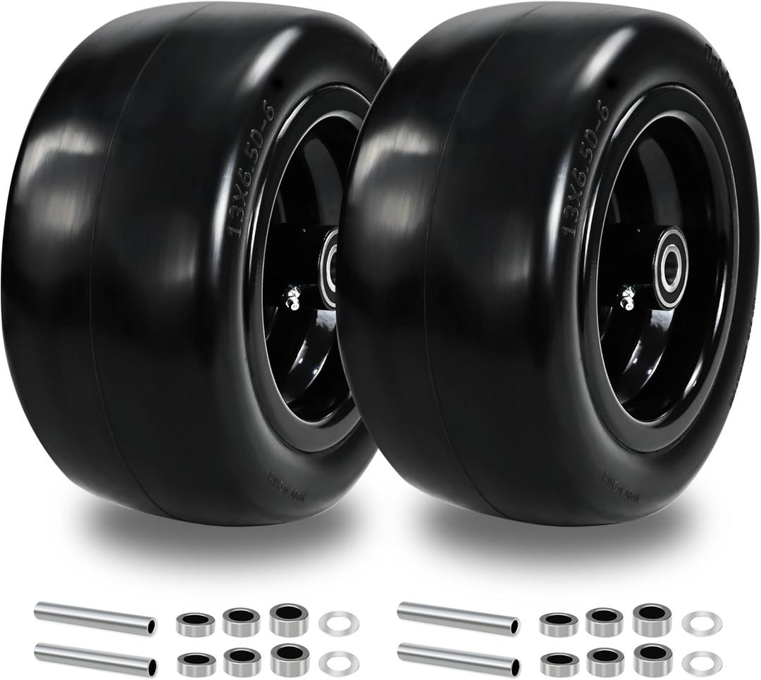 2Pc 13x6.50-6 Flat Free Zero Turn Mower Tire and Wheel with 3/4" Bearing | Extra 5/8" & 1/2" Sleeves, 13x6.5-6 Solid Heavy duty Tire with 5.5"- 7.9" Centered Hub Fit for Bad Boy/John Deere, 500lbs, 13x6.50-6 lawn mower tire