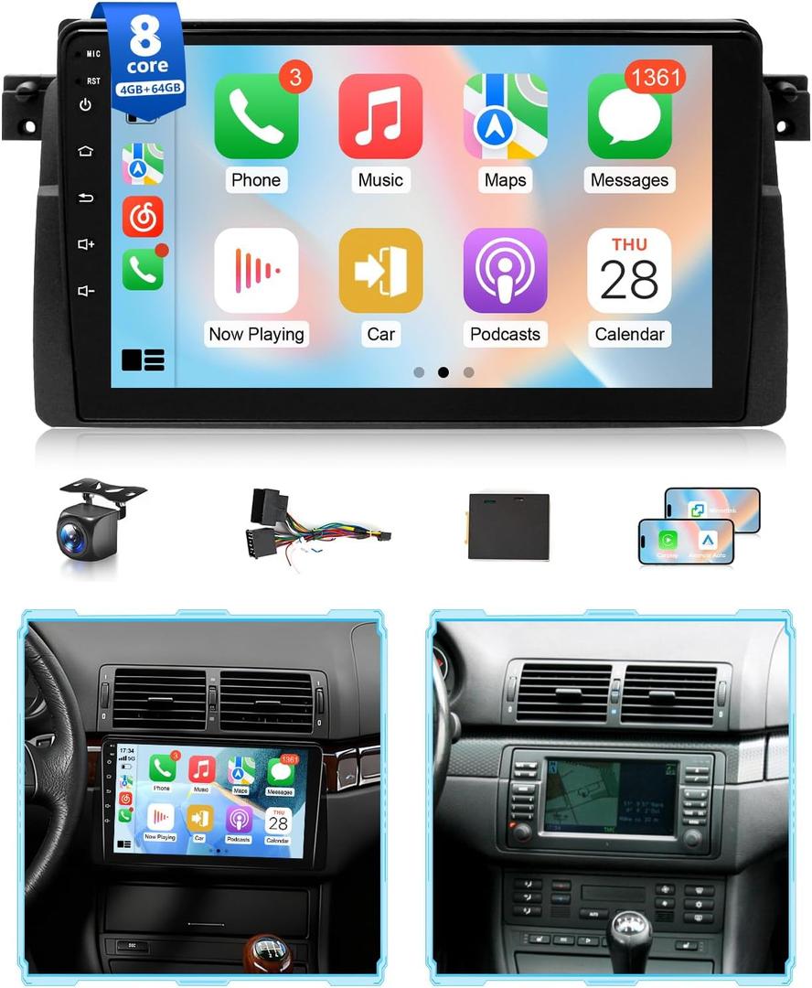 8Core Android Stereo for BMW 325i E46 328i 1998-2005 Radio for BMW M3 2000-2006 Wireless Apple CarPlay Android Auto, 4G + 64G 9IN IPS Touch Screen for 330i 5G WiFi/GPS Navi/BT/FM/RDS/DSP/EQ/SWC
