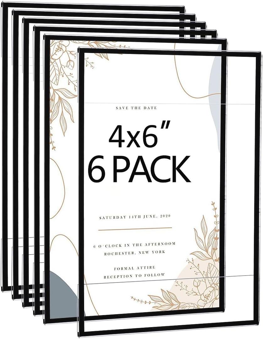 Acrylic Picture Frames 4x6 Set of 6,Black Photo Frames Collage Wall Decor,No Drilling 4x6 Floating Hanging Picture Frames for Home, School, Office - Black Color