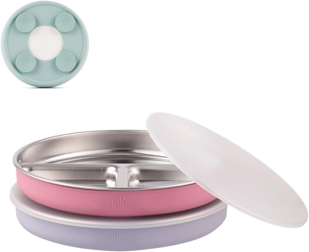 Elk and Friends Stainless Steel Divided Plates with Silicone Sleeve for Babies & Toddlers | Lids Included | Stay Put Suction | Dinner & Snack Plates | 2 Pack (Blush/Lilac)