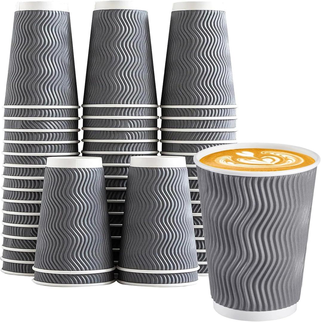 Lamosi 12 oz Insulated Coffee Cups Disposable - 50 Count Grey Paper Coffee Cups No Lids 12oz, Corrugated Ripple Wall Design for Hot Cold Drinks (Gray)